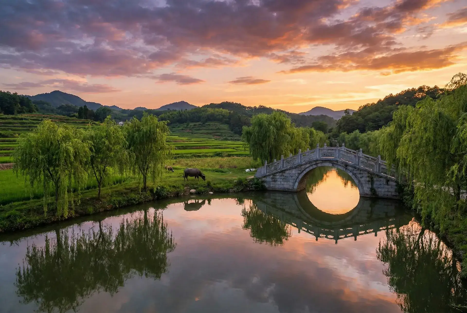 夕阳下的石拱桥与垂柳，水牛在河边吃草 - 庭院里的女人电视剧 乡村美景